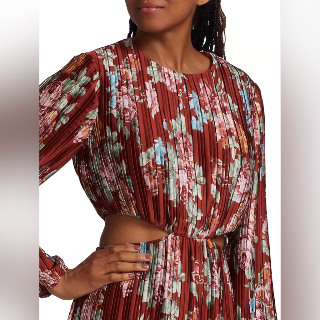Wayf Red Ladies M Red Floral Pleated Side Cut Out Minidress Nwt